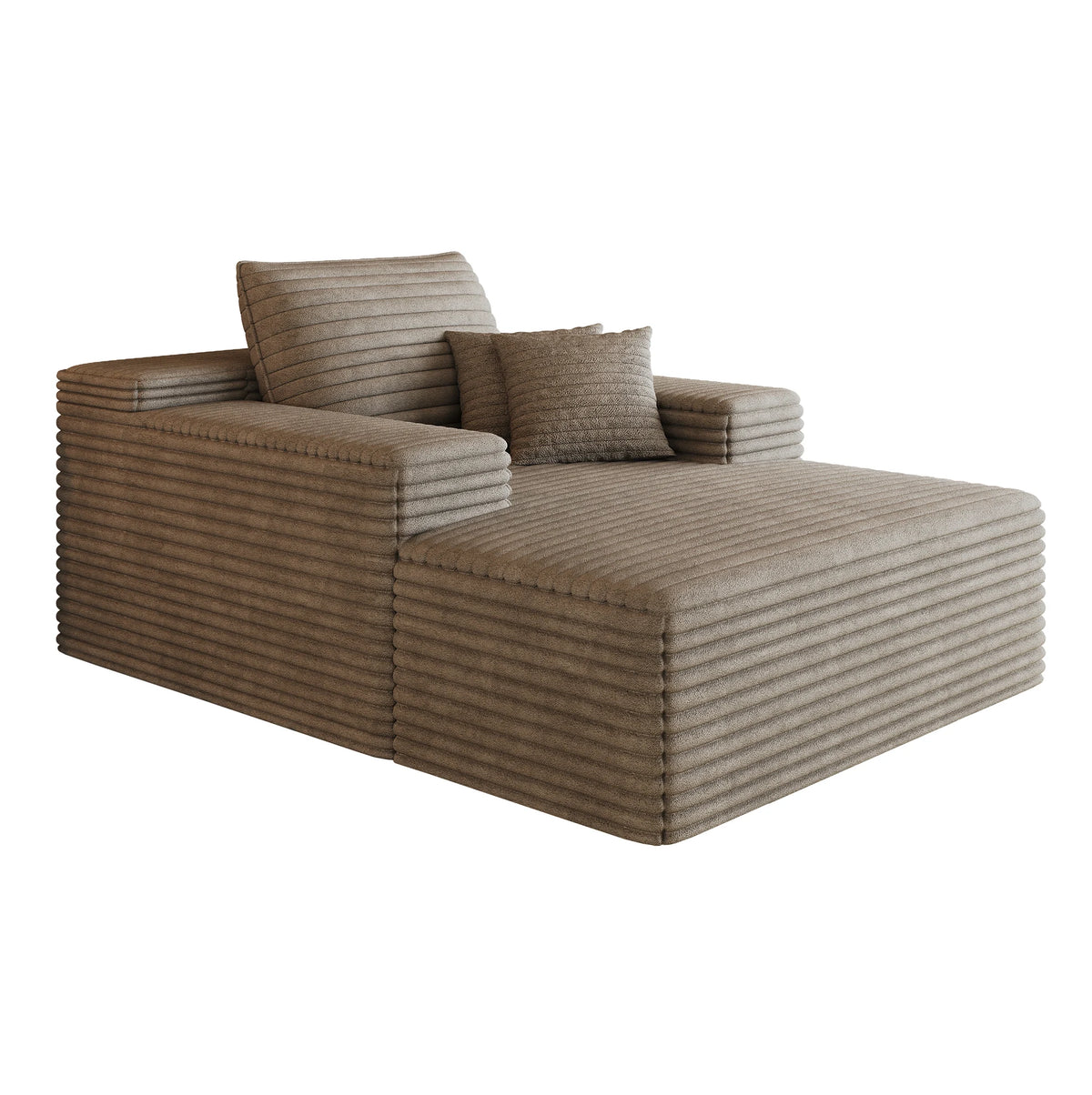 Chaise longue beige à accoudoir, autre angle sur fond blanc
