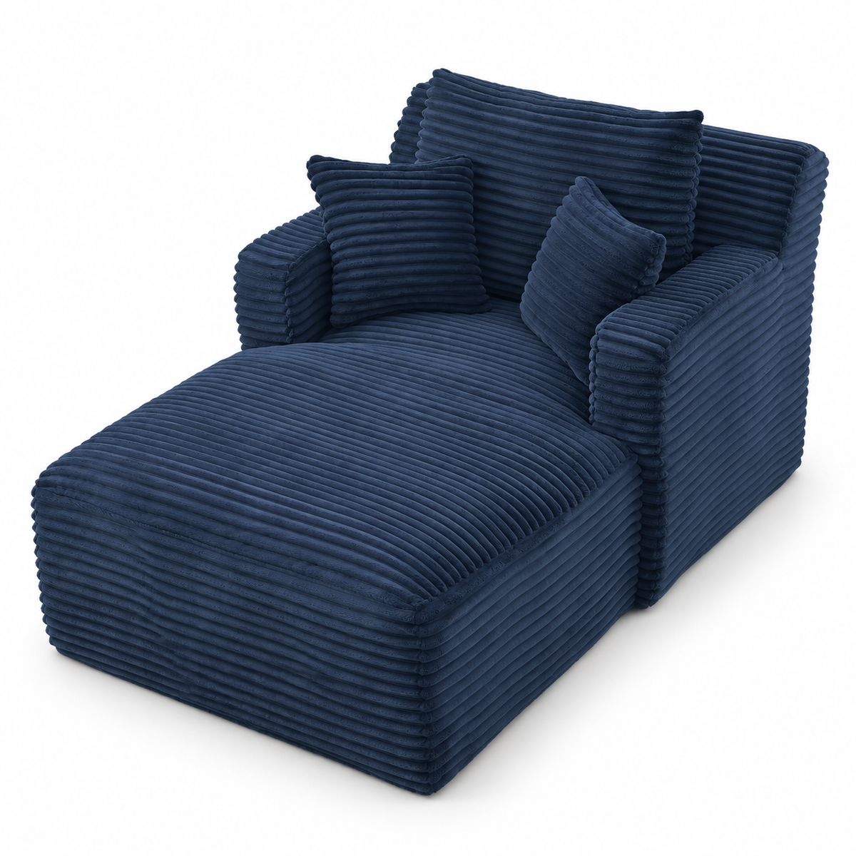 Chaise longue en velours côtelé à larges côtes, bleu, vue sur fond blanc