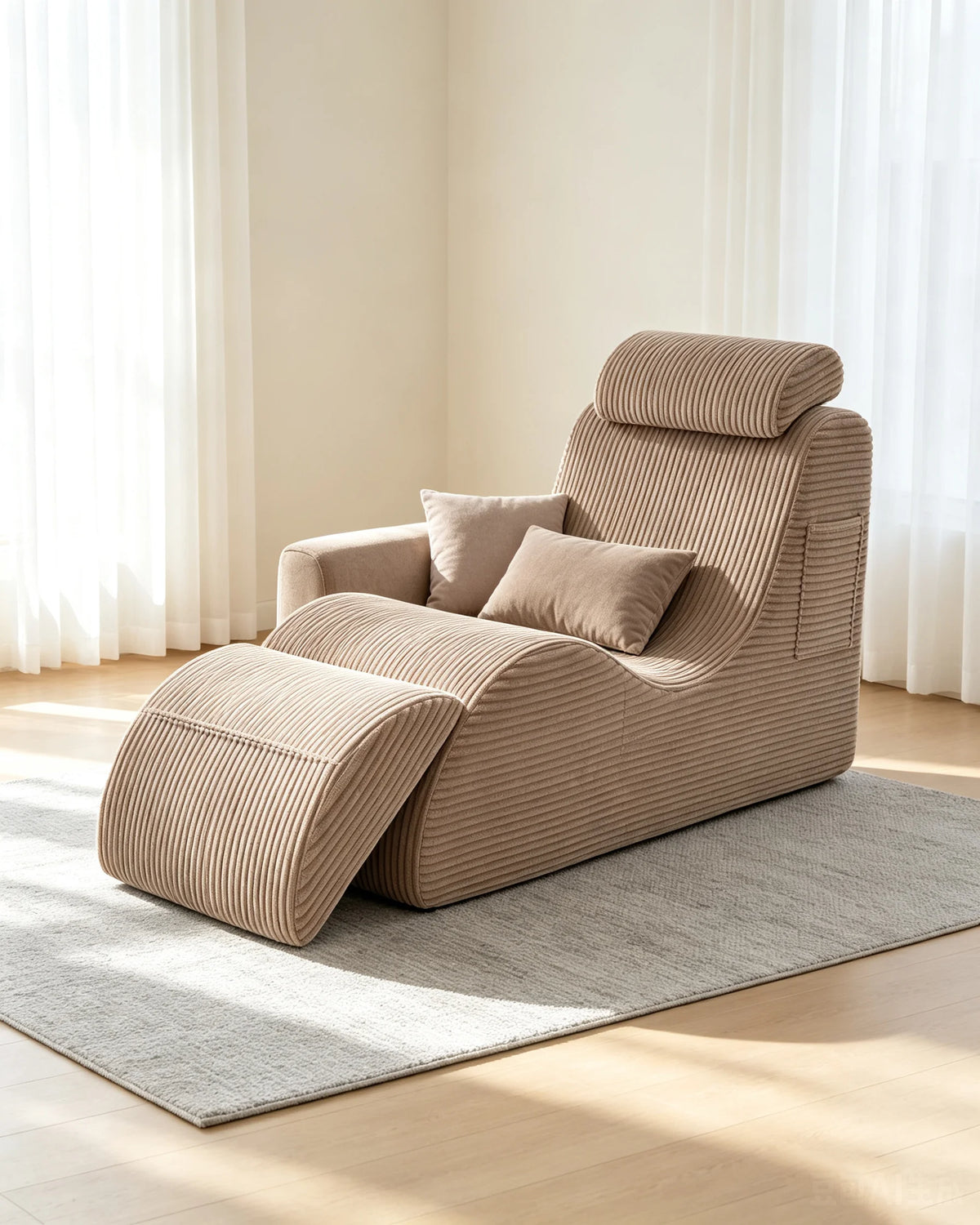 Chaise longue en velours côtelé beige avec repose-pieds, ensemble dans un salon lumineux