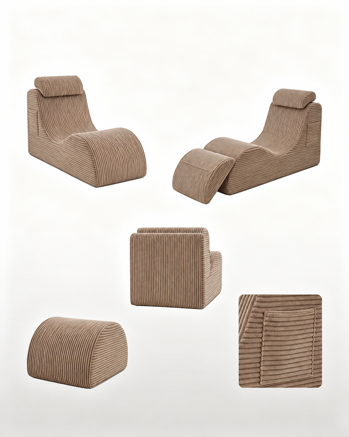 Chaise longue en velours côtelé beige avec repose-pieds, différentes vues et repose-pieds séparé