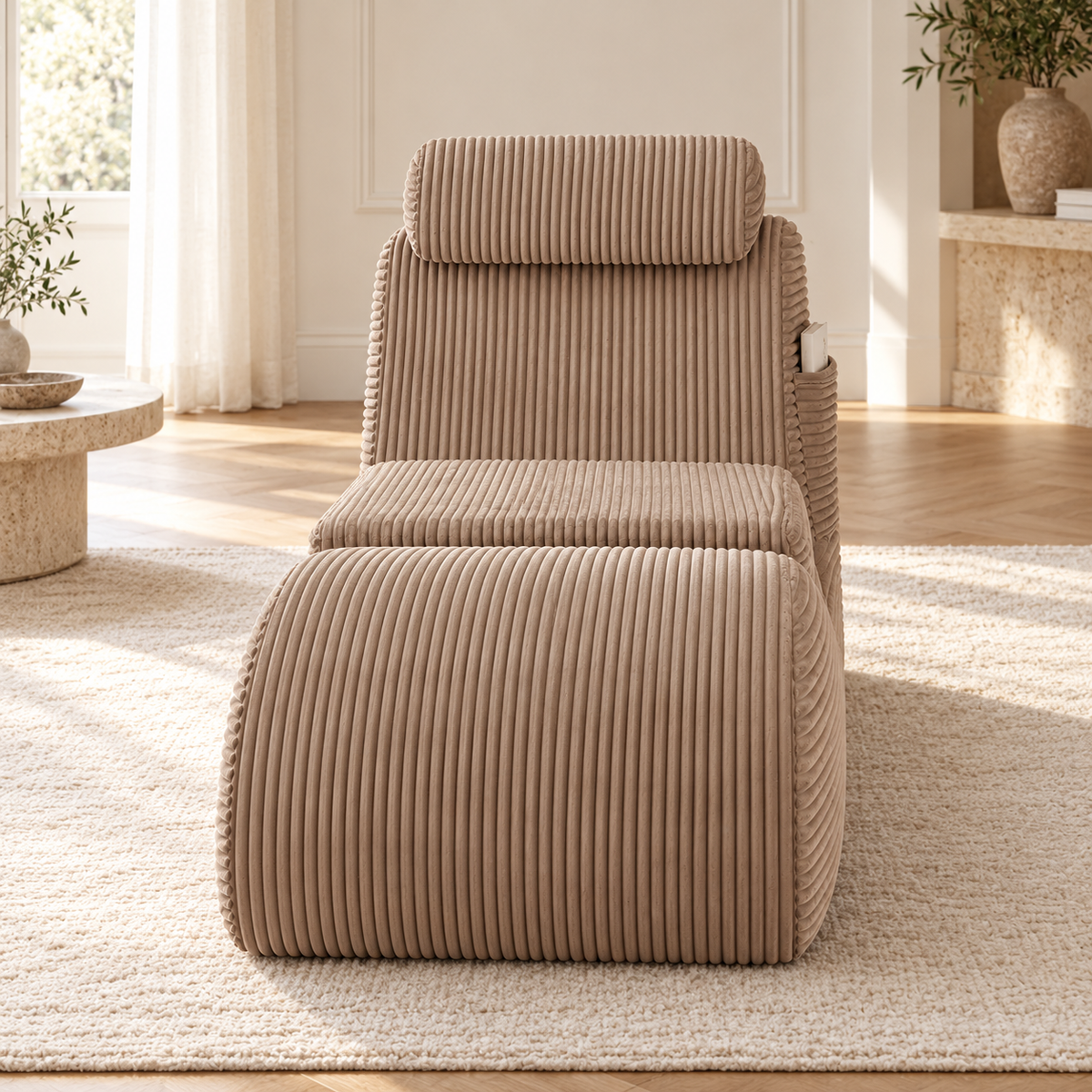 Chaise longue en velours côtelé beige avec repose-pieds, ensemble, autre angle dans un salon lumineux