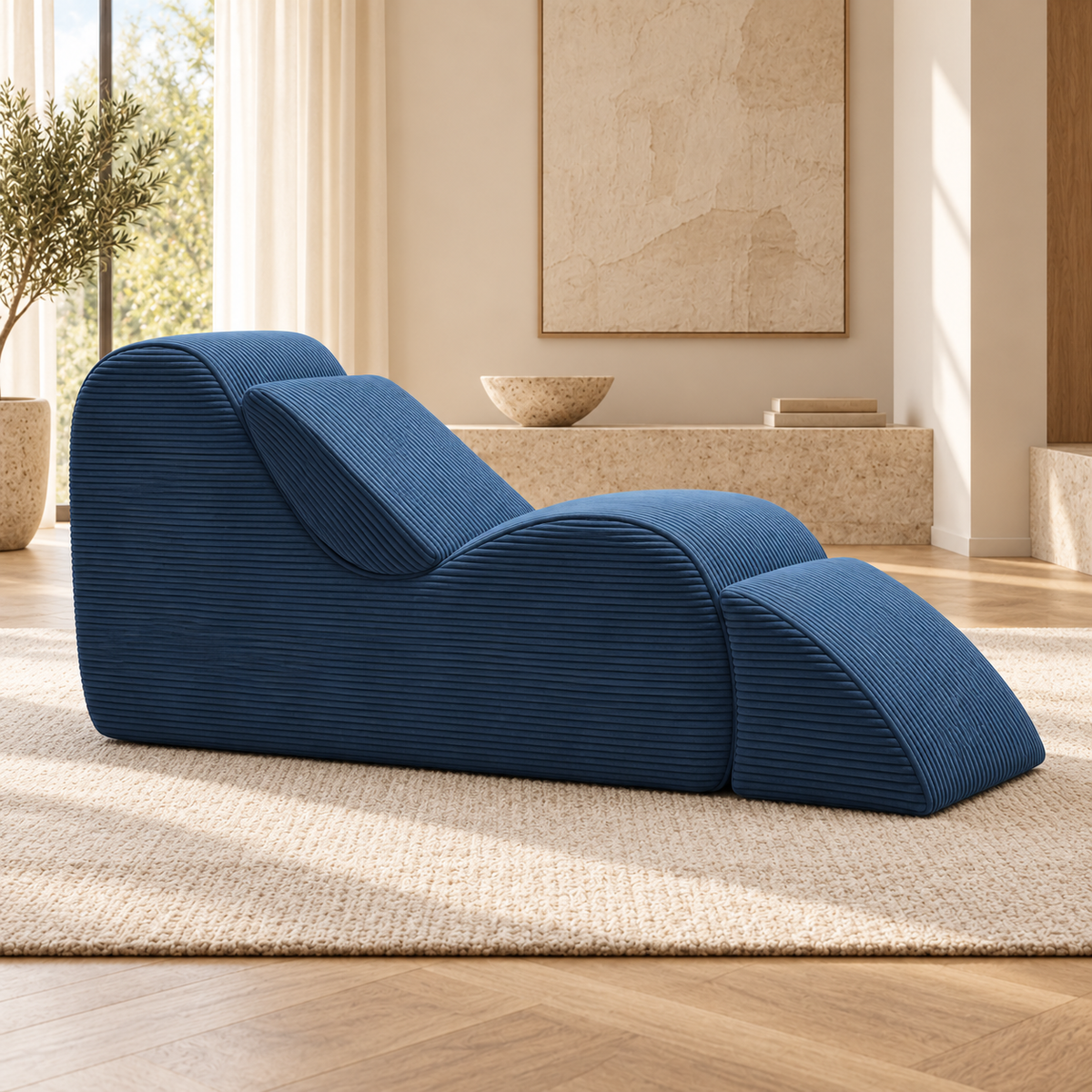 Chaise longue incurvée en velours côtelé, bleu, autre angle dans un salon lumineux