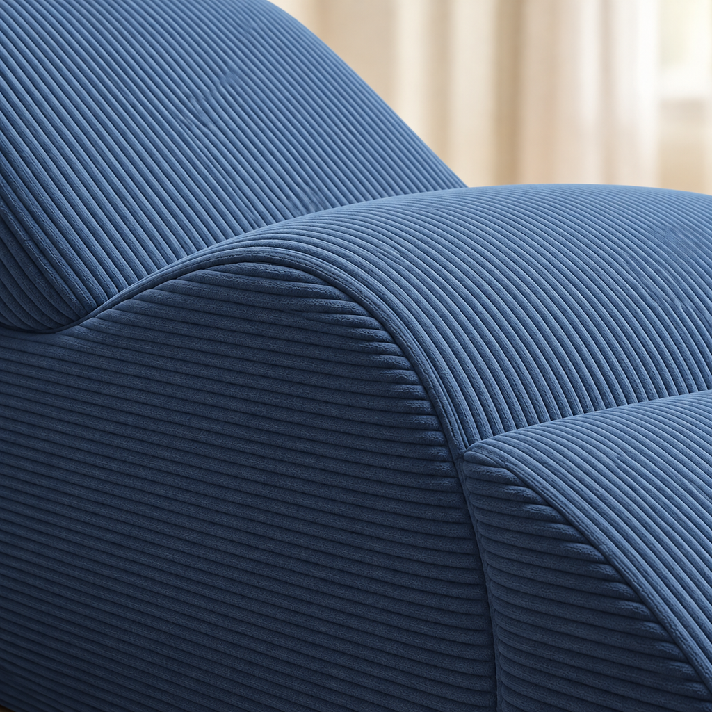 Chaise longue incurvée en velours côtelé, bleu, détail de l’assise incurvée