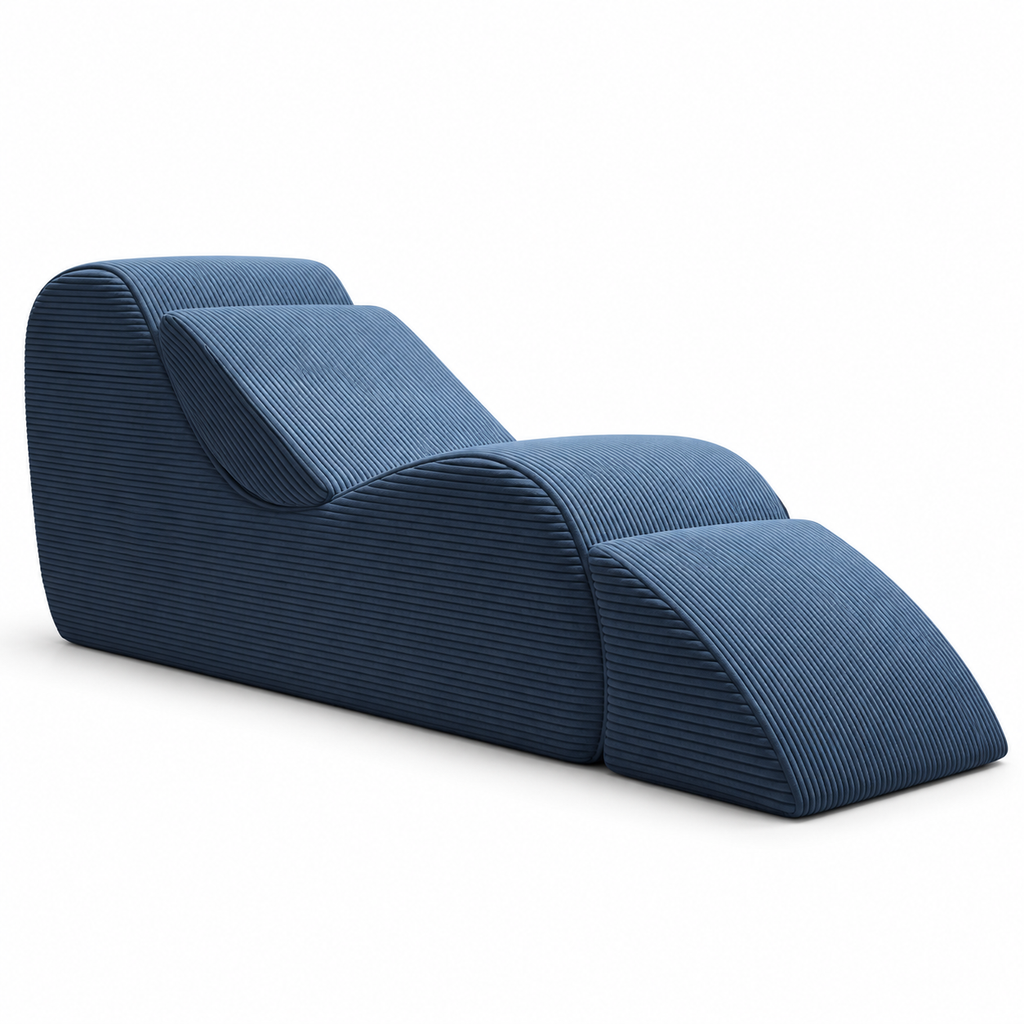 Chaise longue incurvée en velours côtelé, bleu, vue sur fond blanc