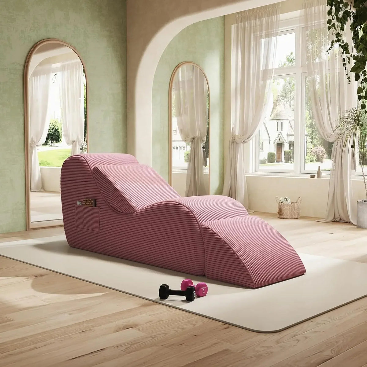 Chaise longue incurvée en velours côtelé, rose, dans un salon
