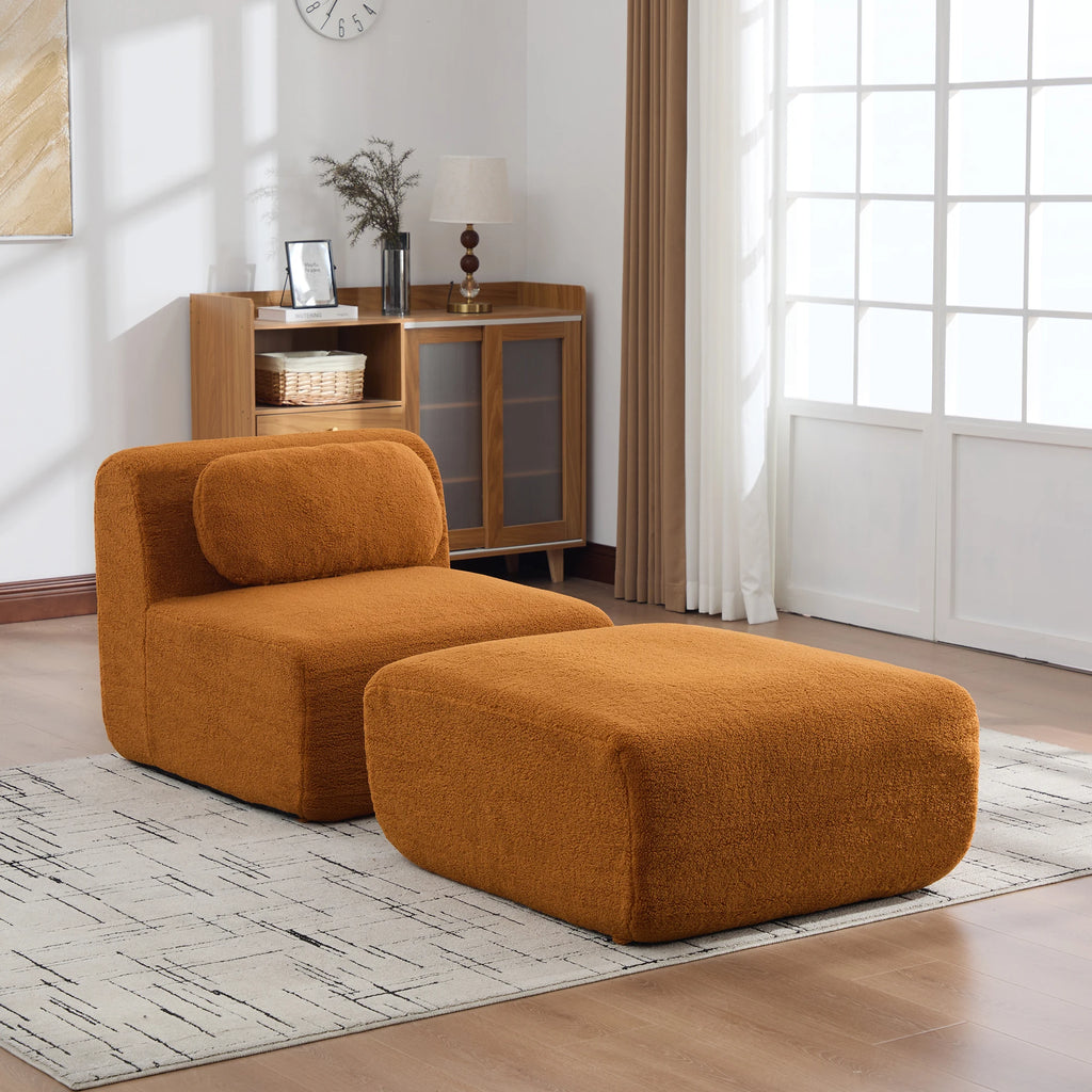 Chaise longue modulable en tissu, caramel, dans un salon