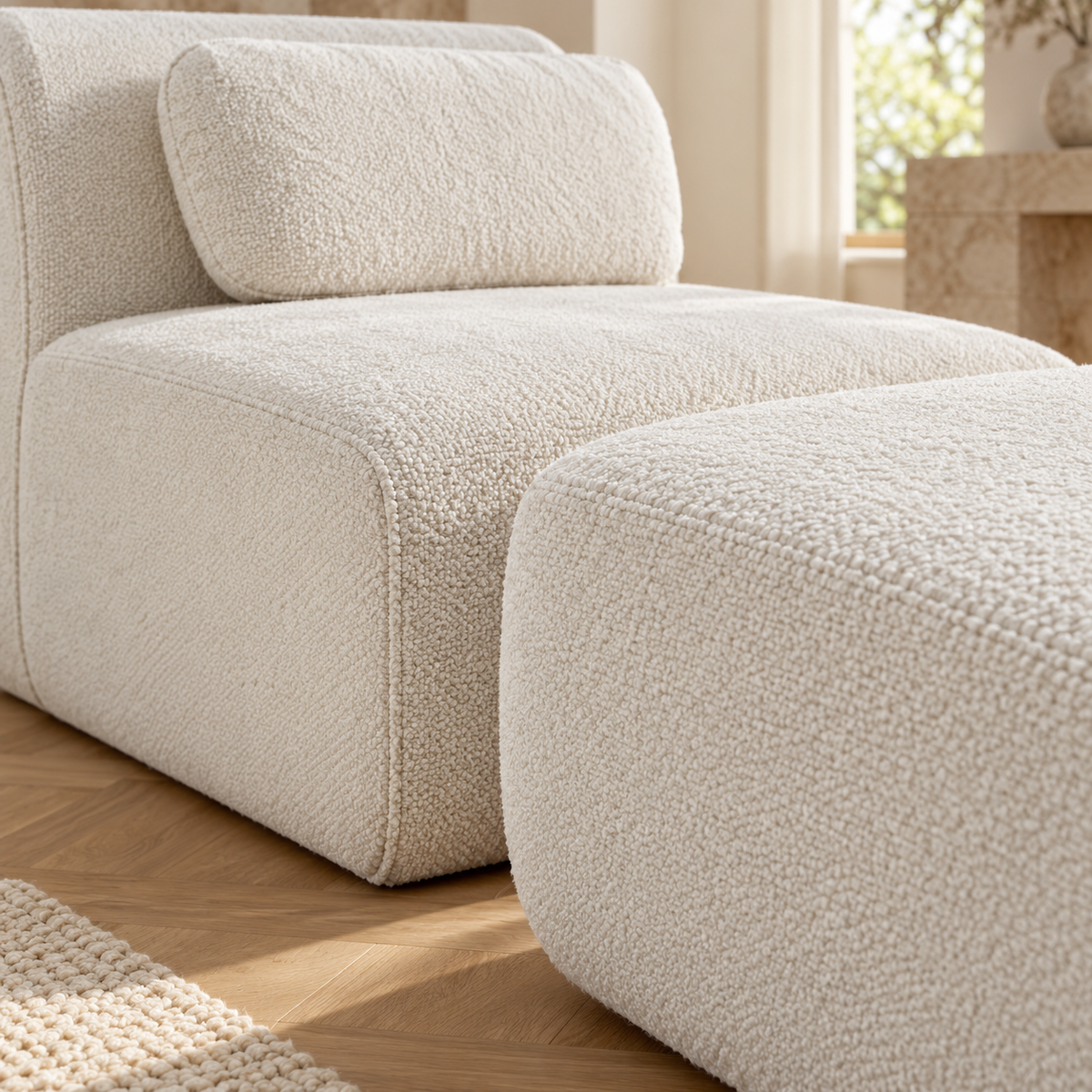 Chaise longue modulable en tissu, ivoire, gros plan du revêtement et des finitions