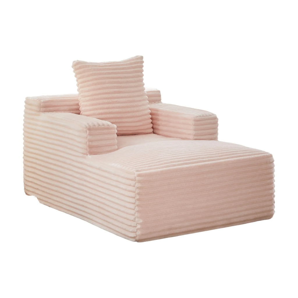 Chaise longue rose en velours côtelé, vue d’ensemble sur fond blanc