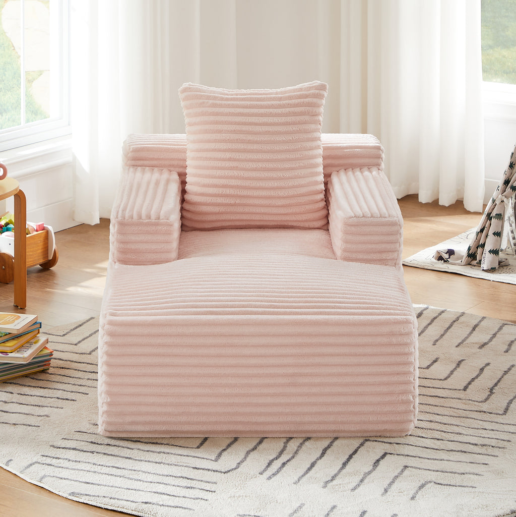 Chaise longue rose en velours côtelé, vue frontale dans un salon