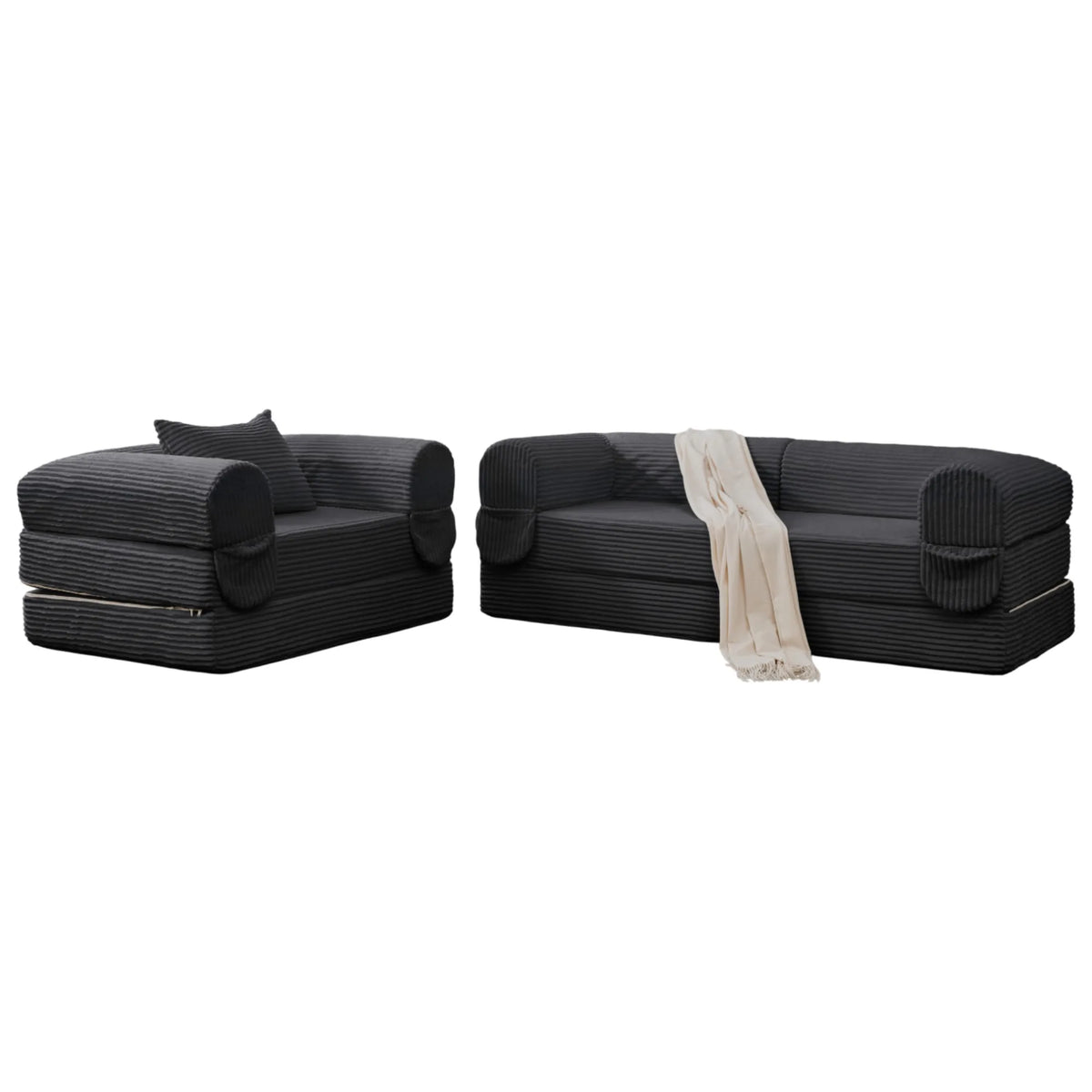 Ensemble de sièges modulables convertibles, ensemble de sièges en position assise sur fond blanc