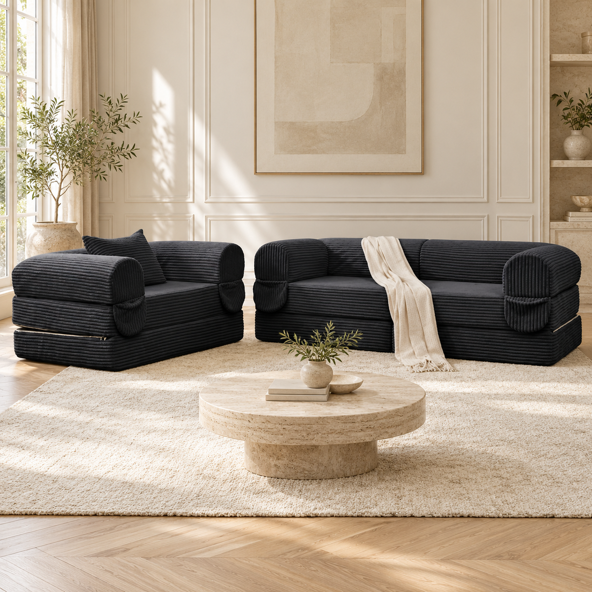 Ensemble de sièges modulables convertibles, ensemble de sièges en position assise, autre angle dans un salon lumineux