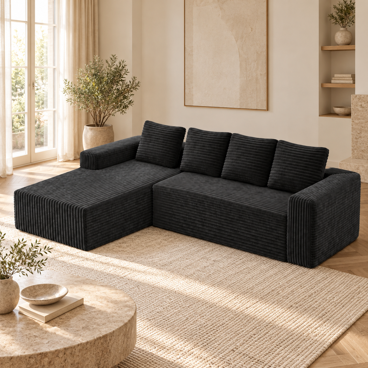 Ensemble modulable en velours côtelé, noir, autre angle dans un salon lumineux
