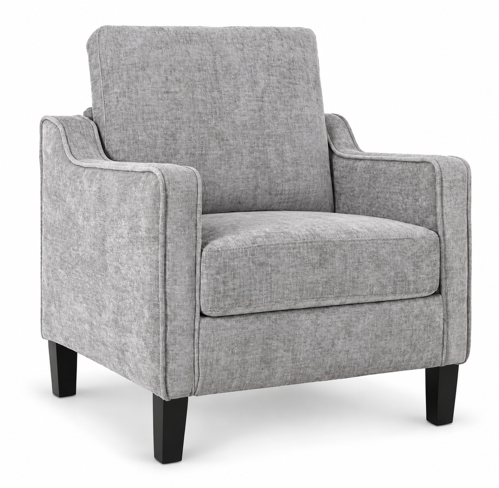 Fauteuil à accoudoirs en chenille et pieds en bois, gris clair, vue sur fond blanc