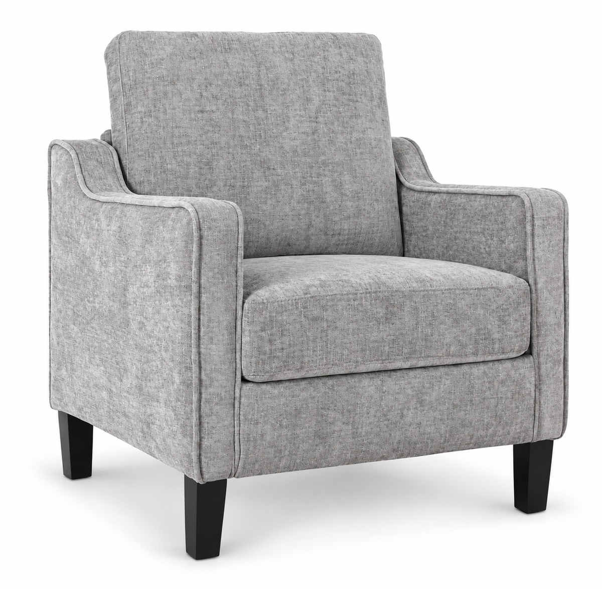 Fauteuil à accoudoirs en chenille et pieds en bois, gris clair, vue sur fond blanc