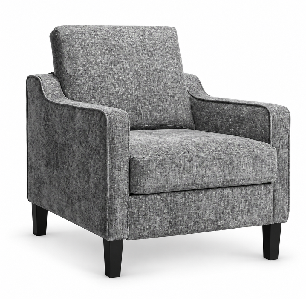 Fauteuil à accoudoirs en chenille et pieds en bois, gris foncé, vue sur fond blanc