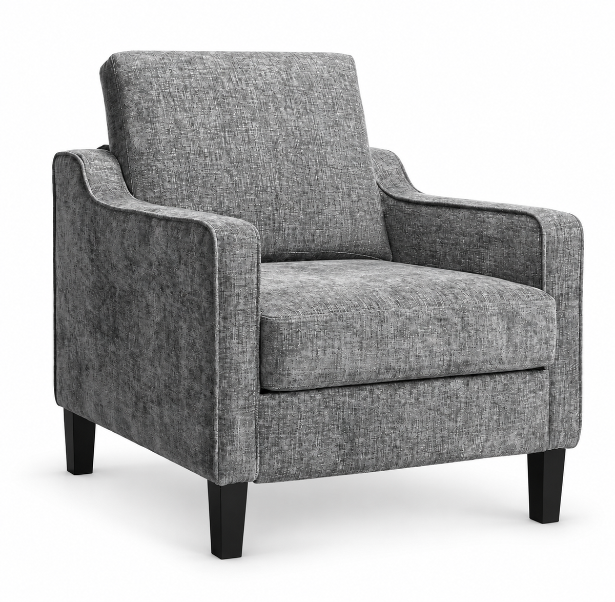 Fauteuil à accoudoirs en chenille et pieds en bois, gris foncé, vue sur fond blanc