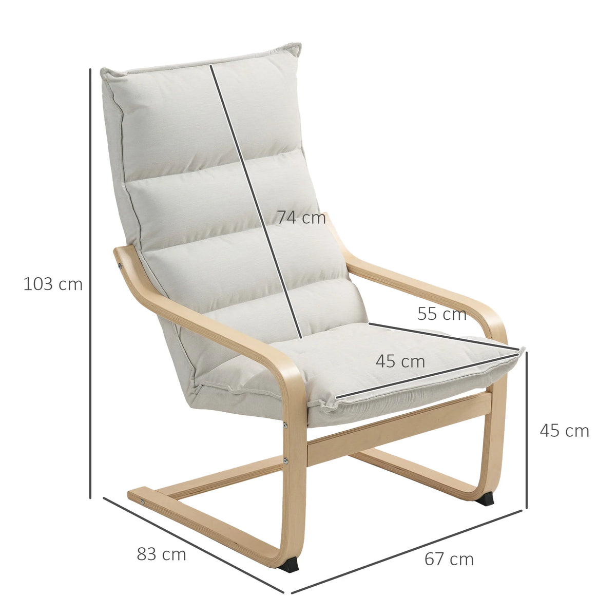 Fauteuil à accoudoirs incurvés en bois et coussin crème, dimensions du fauteuil