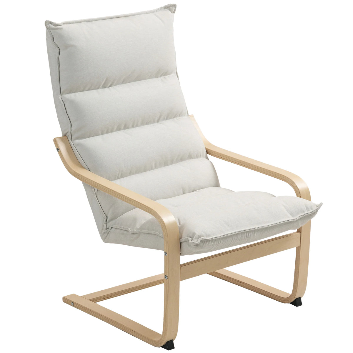 Fauteuil à accoudoirs incurvés en bois et coussin crème, vue sur fond blanc