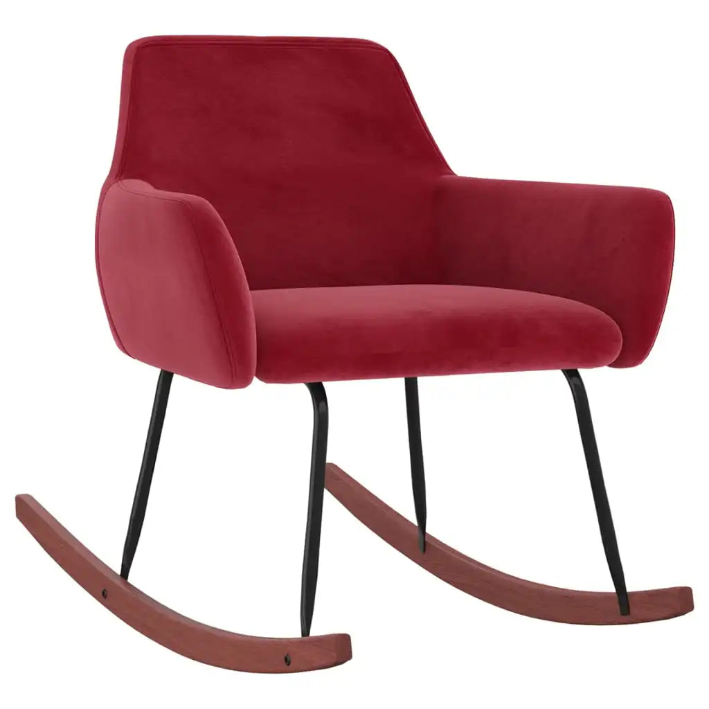 Fauteuil à bascule bordeaux en velours, vue d’ensemble sur fond blanc