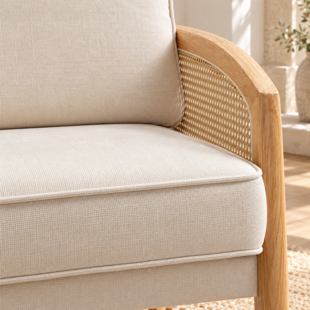 Fauteuil à coussins crème et accoudoirs en bois et cannage, gros plan du revêtement et des finitions