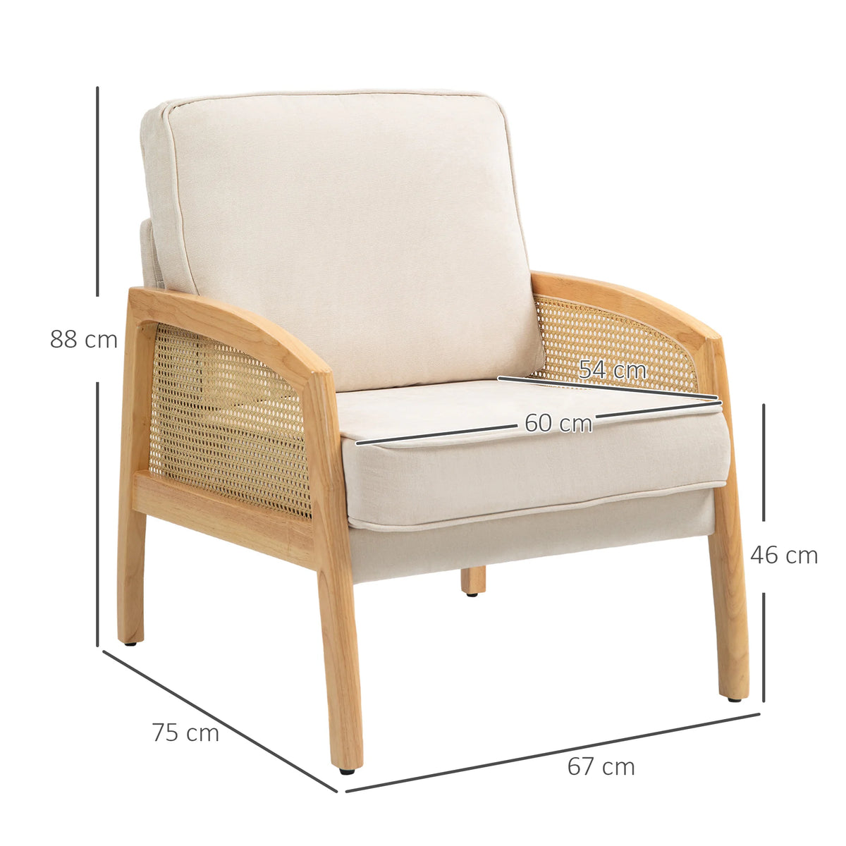 Fauteuil à coussins crème et accoudoirs en bois et cannage, dimensions du fauteuil