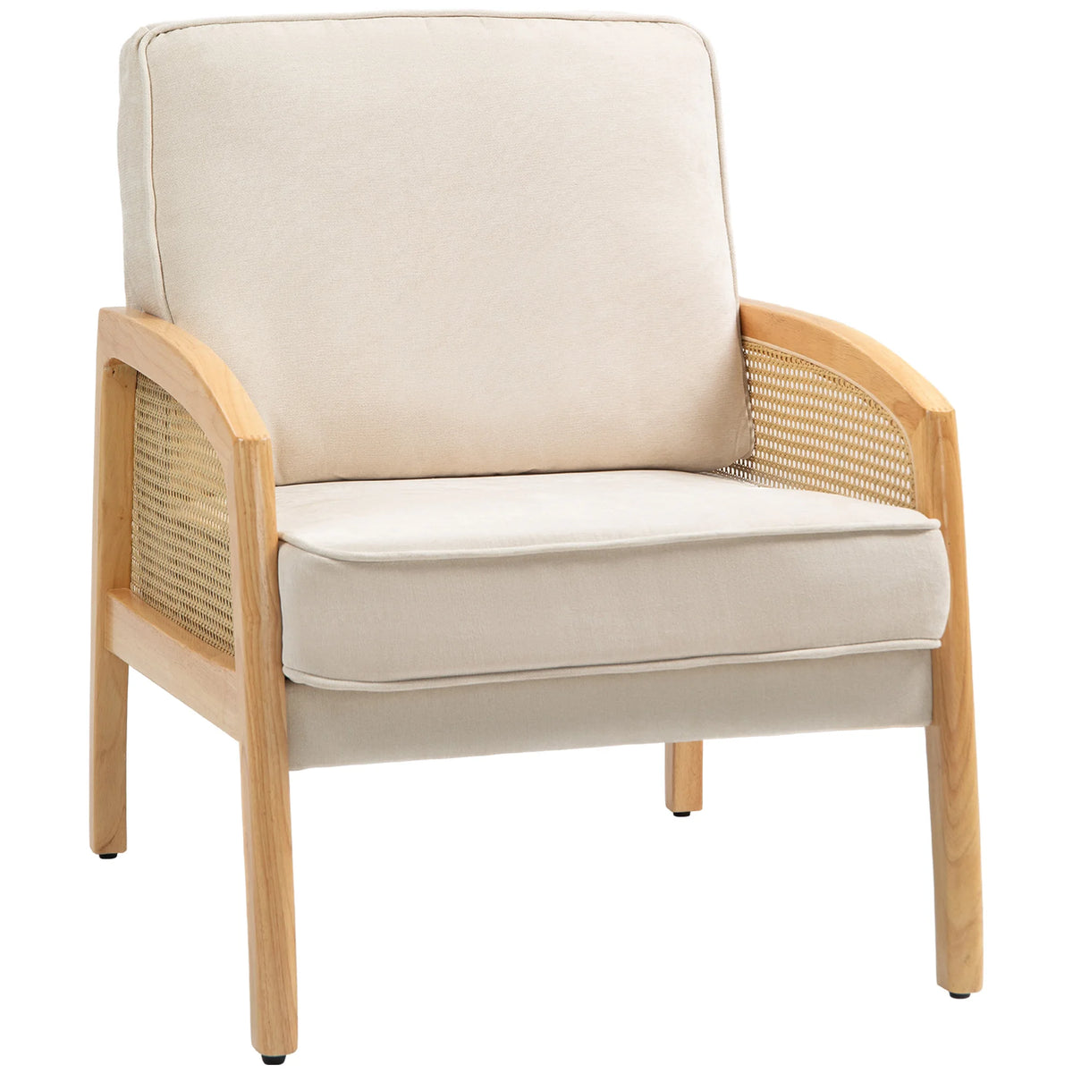 Fauteuil à coussins crème et accoudoirs en bois et cannage, vue sur fond blanc