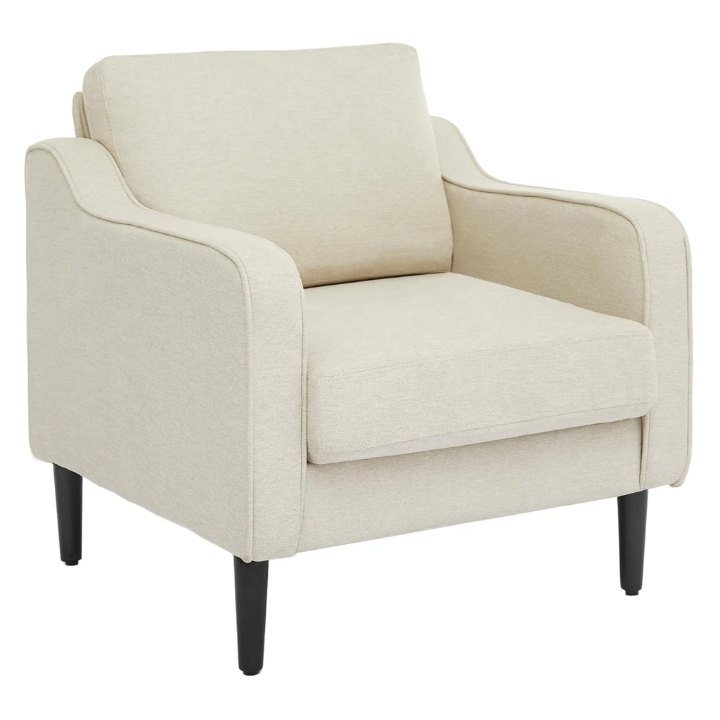 Fauteuil beige à accoudoirs incurvés et pieds en bois, vue sur fond blanc