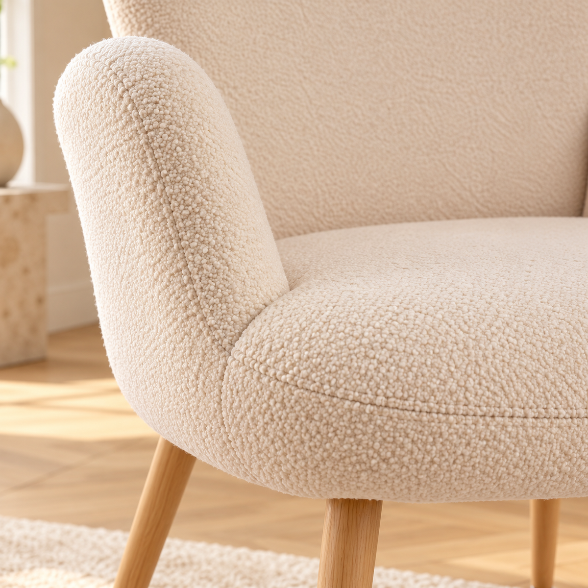 Fauteuil beige à oreilles, gros plan du revêtement et des finitions