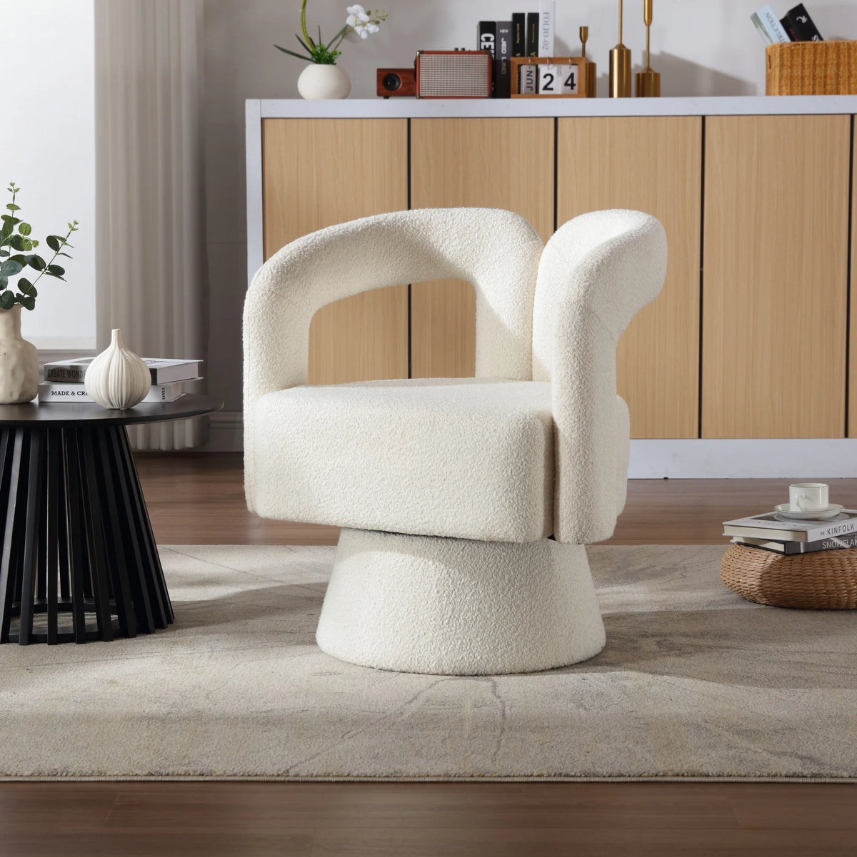Fauteuil pivotant 360° tonneau en bouclette