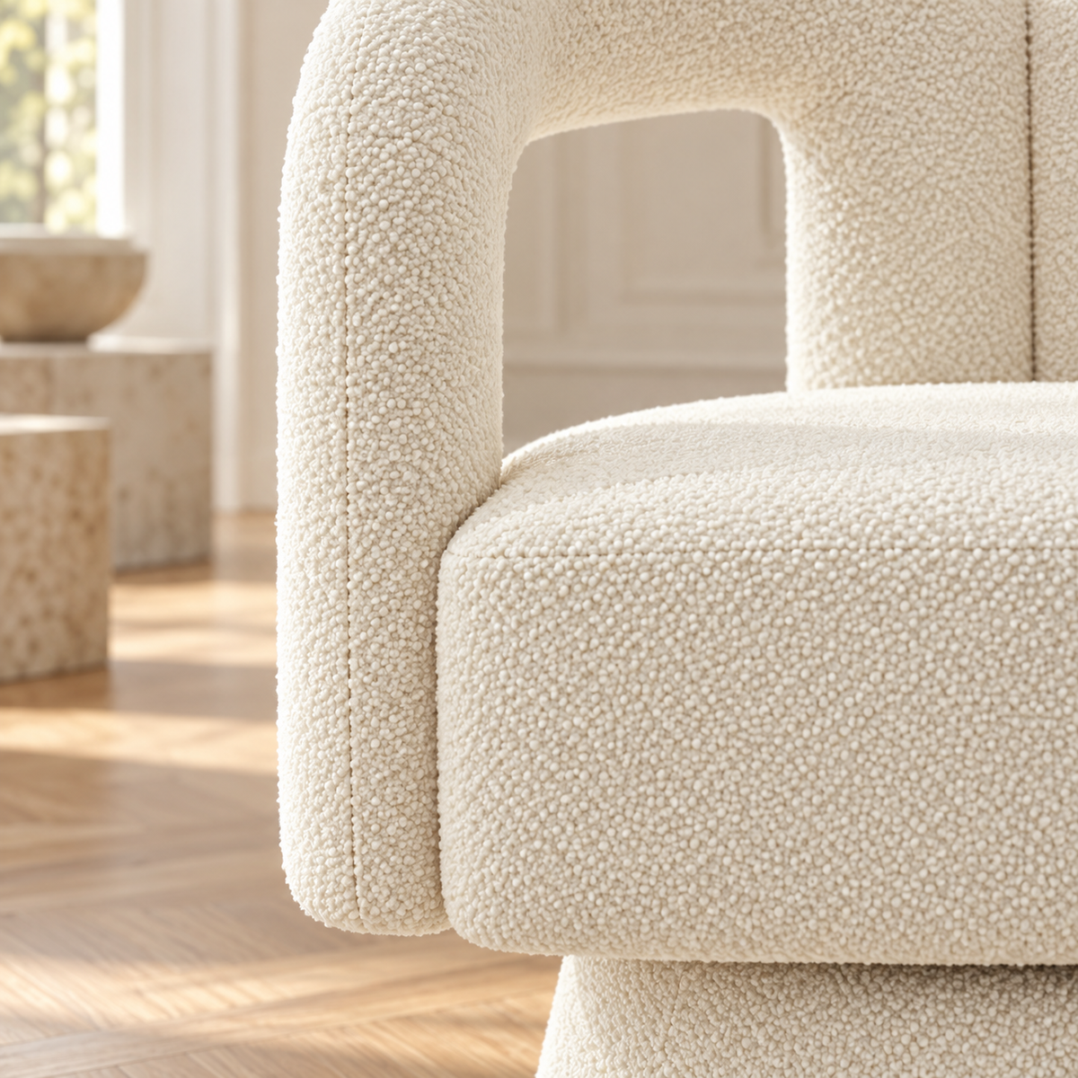 Fauteuil contemporain à pieds en bois, gros plan du revêtement et des finitions
