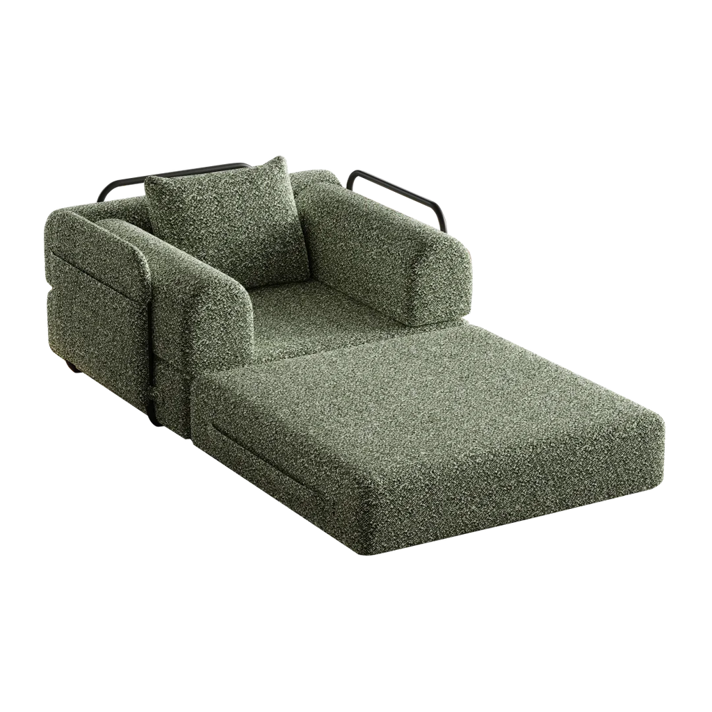 Fauteuil convertible vert en chenille avec accoudoirs, déplié en chaise longue sur fond transparent