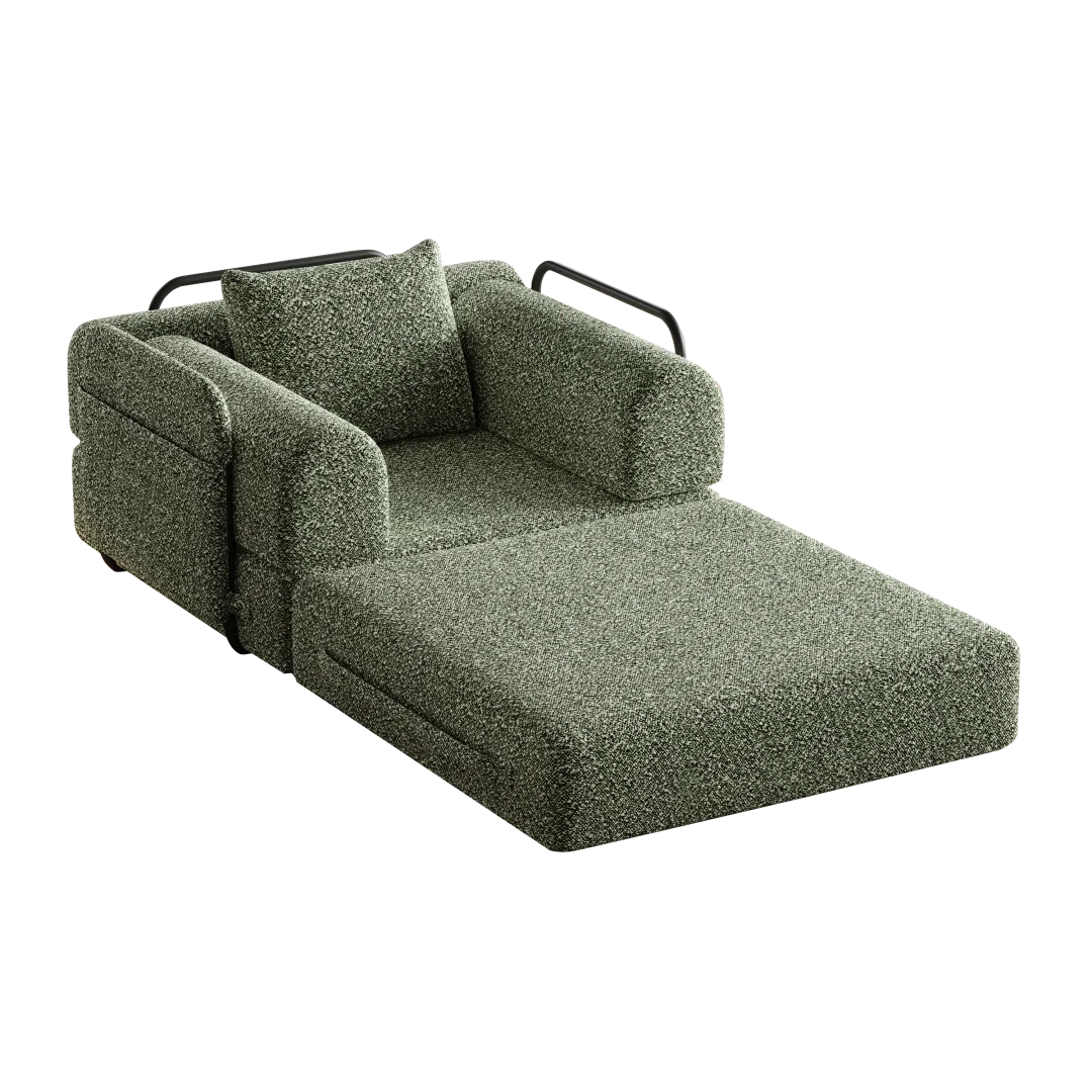 Fauteuil convertible vert en chenille avec accoudoirs, déplié en chaise longue sur fond transparent