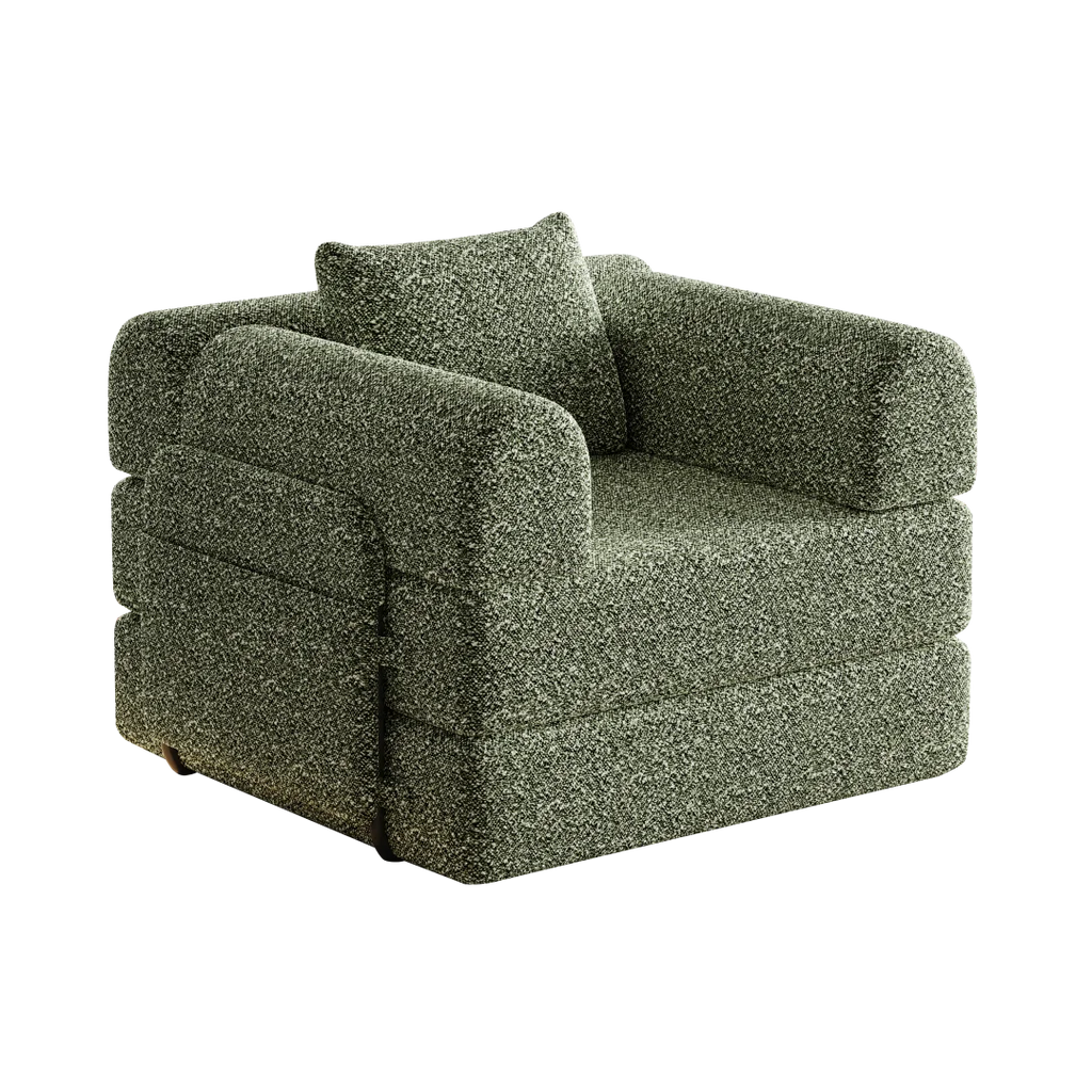 Fauteuil convertible vert en chenille avec accoudoirs, fermé, sur fond transparent