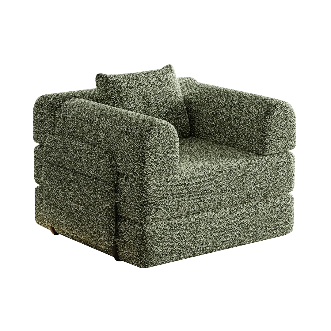 Fauteuil convertible vert en chenille avec accoudoirs, fermé, sur fond transparent