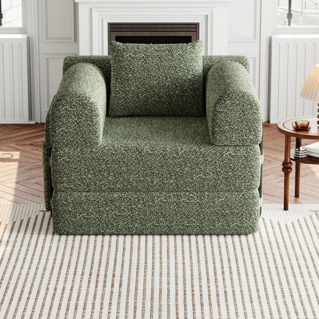 Fauteuil convertible vert en chenille avec accoudoirs, fermé, vue de face