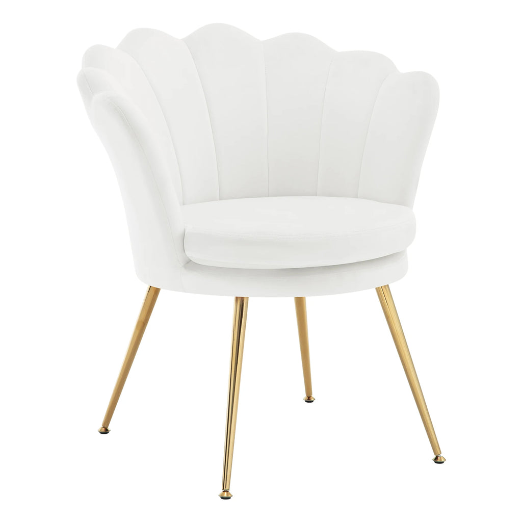 Fauteuil coquille en velours à pieds en métal, blanc, sur fond blanc