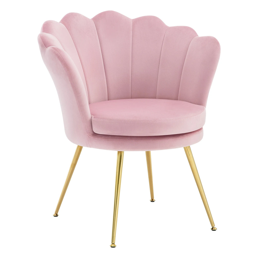 Fauteuil coquille en velours à pieds en métal, rose, sur fond blanc