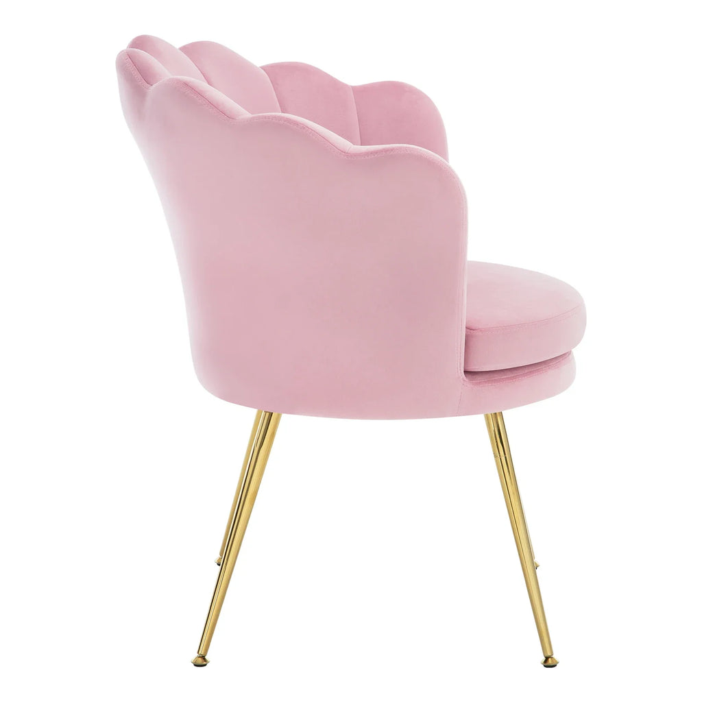 Fauteuil coquille en velours à pieds en métal, rose, vue de profil