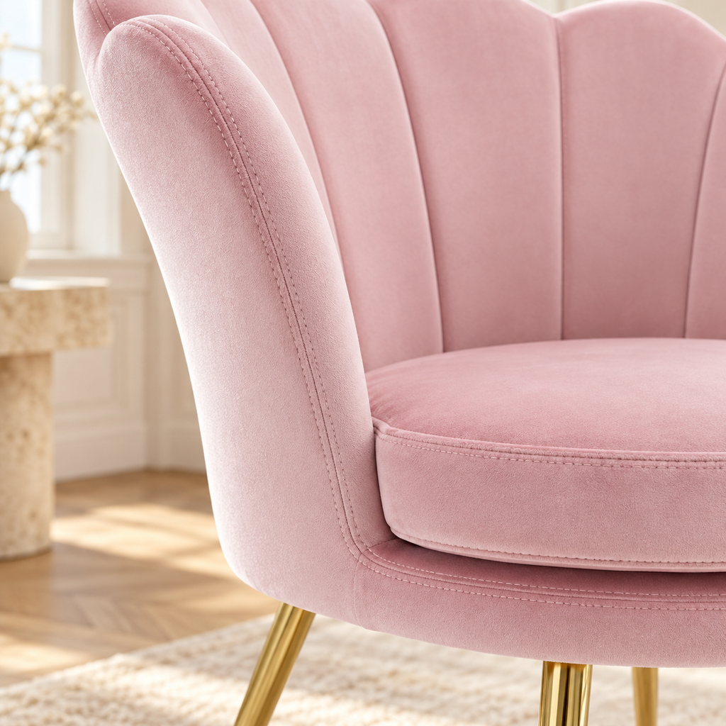 Fauteuil coquille en velours à pieds en métal, rose, gros plan du revêtement et des finitions