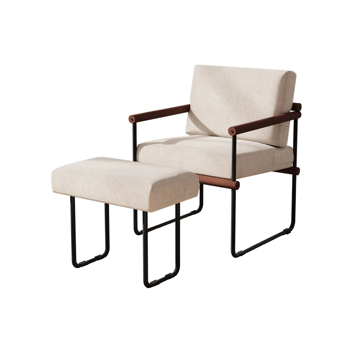 Fauteuil crème à cadre métal et accoudoirs bois, version avec repose-pieds, vue de trois quarts