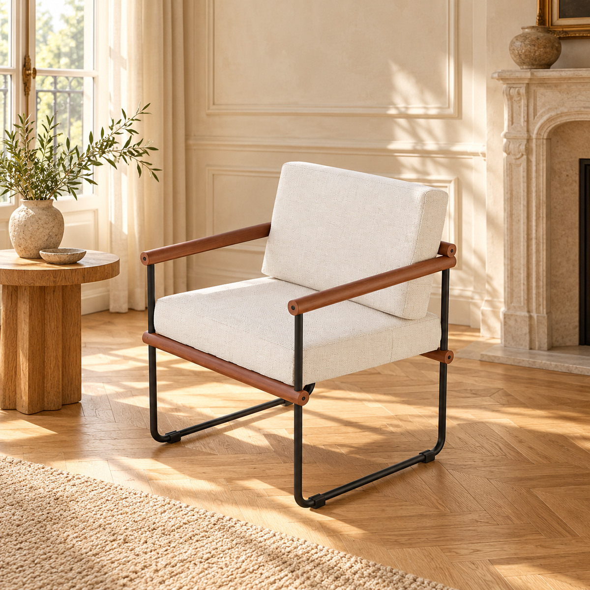 Fauteuil crème à cadre métal et accoudoirs bois, version fauteuil seul dans un salon