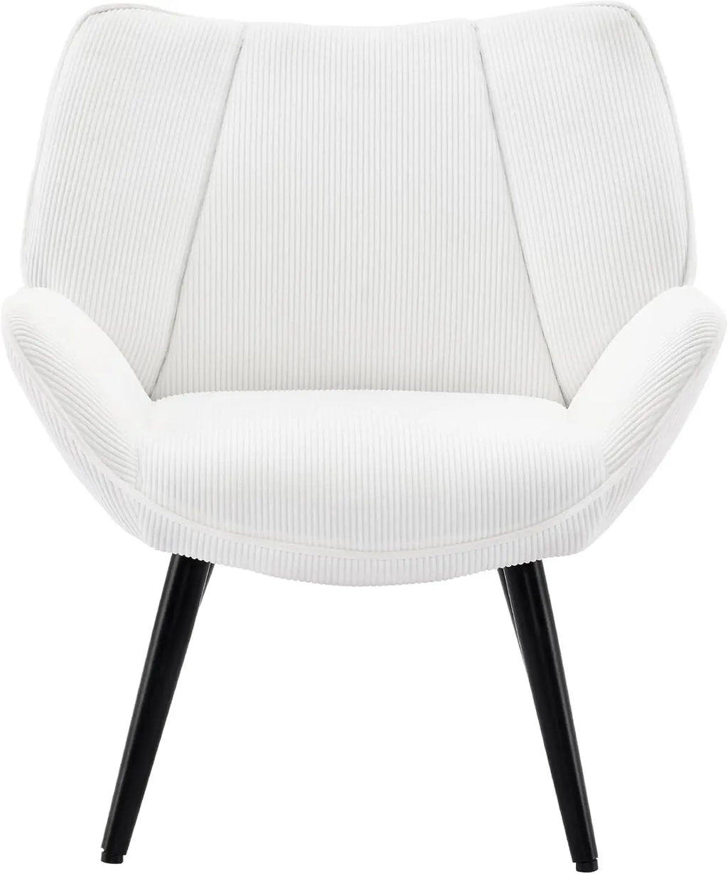 Fauteuil d’appoint blanc en velours côtelé à pieds noirs, vue sur fond blanc