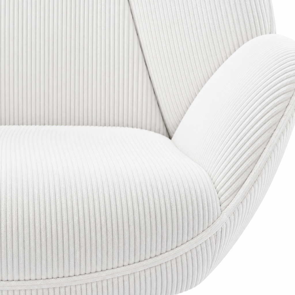 Fauteuil d’appoint blanc en velours côtelé à pieds noirs, détail du tissu côtelé blanc