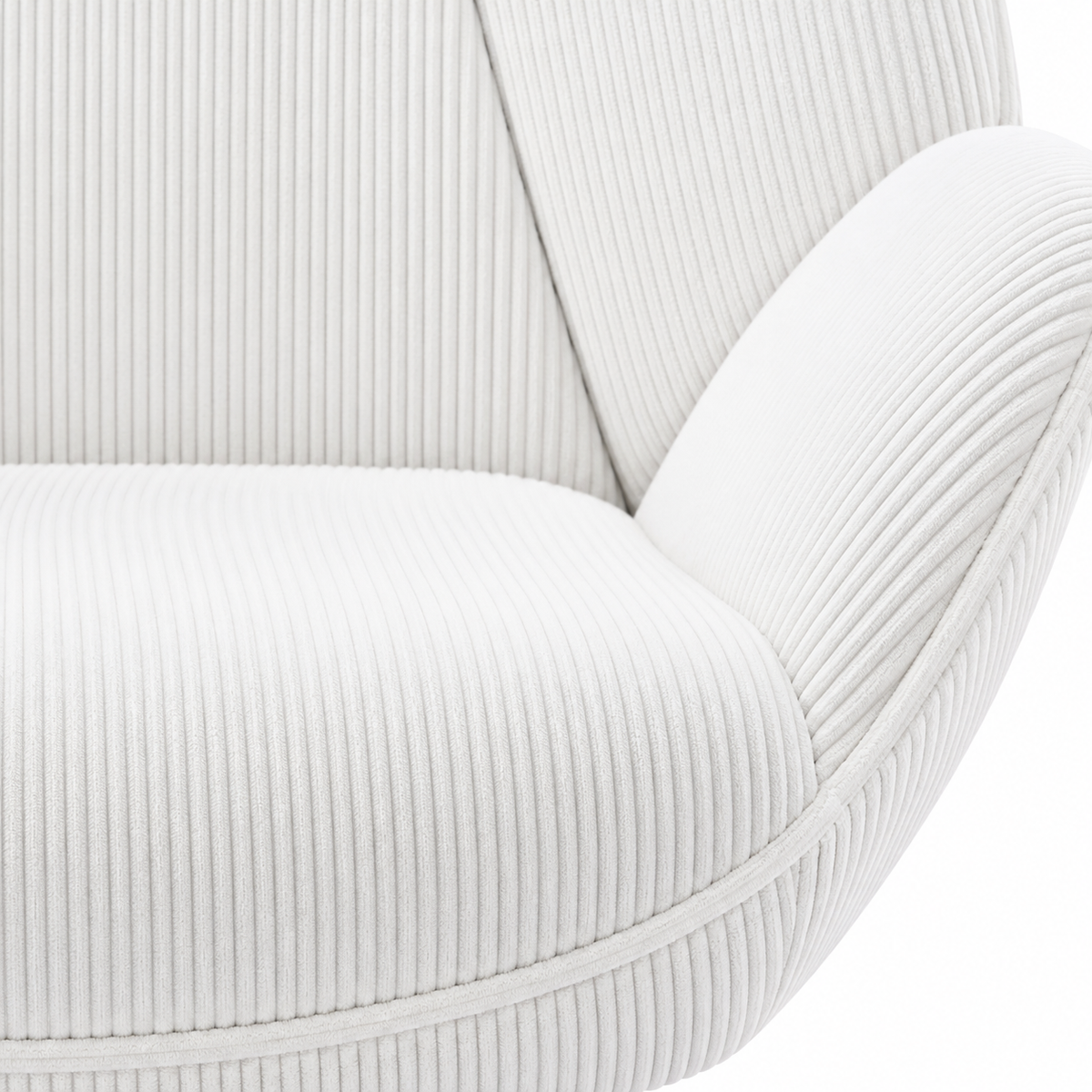 Fauteuil d’appoint blanc en velours côtelé à pieds noirs, détail du tissu côtelé blanc