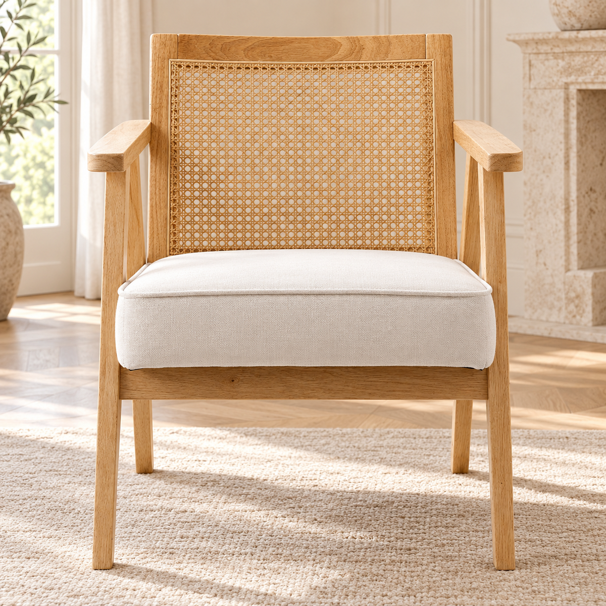 Fauteuil d'appoint en rotin et bois, coussin beige effet lin, autre angle dans un salon lumineux