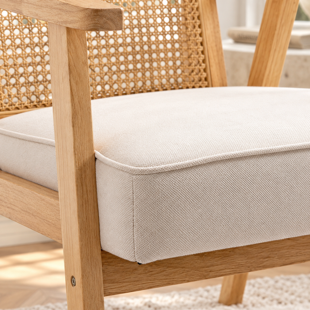 Fauteuil d'appoint en rotin et bois, coussin beige effet lin, gros plan du revêtement et des finitions