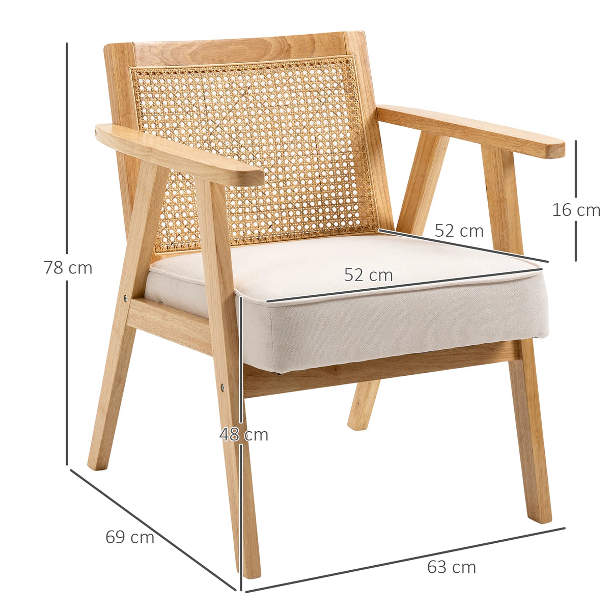 Fauteuil d'appoint en rotin et bois, dimensions 63 × 69 × 78 cm