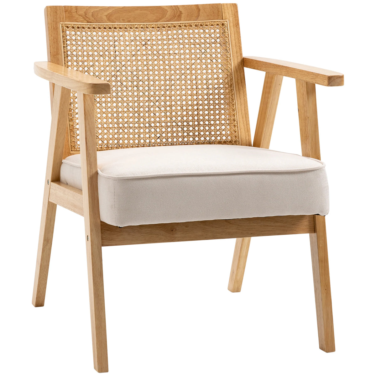 Fauteuil d'appoint en rotin et bois, coussin beige effet lin, vue principale