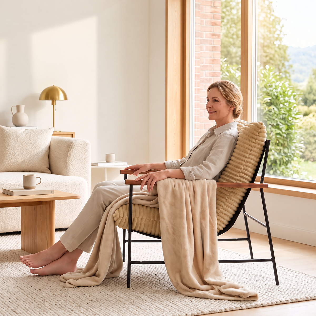 Fauteuil de détente côtelé brun clair à cadre métal et accoudoirs bois, vue de profil avec une personne assise
