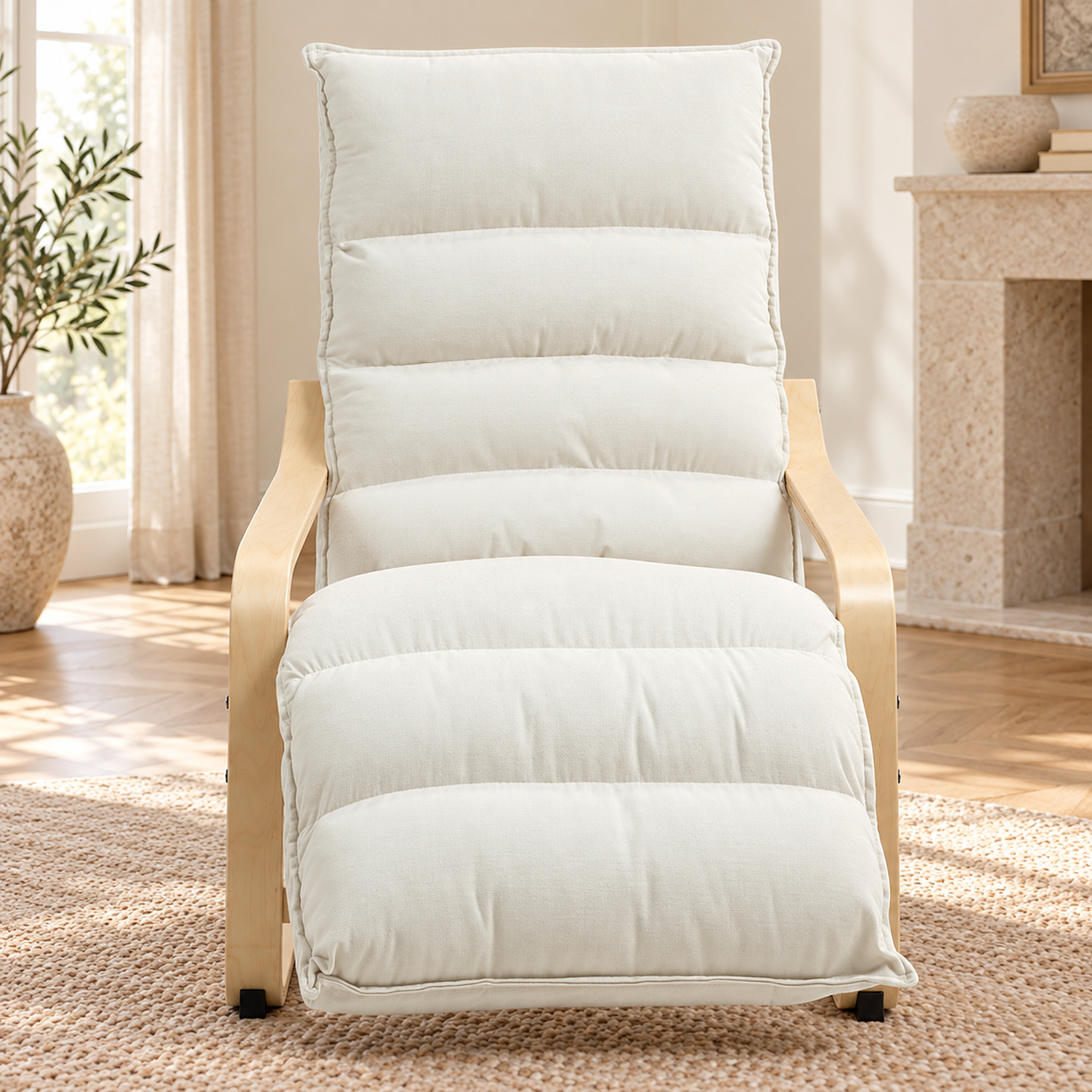 Fauteuil de relaxation crème en bois avec repose-pieds réglable, autre angle dans un salon lumineux
